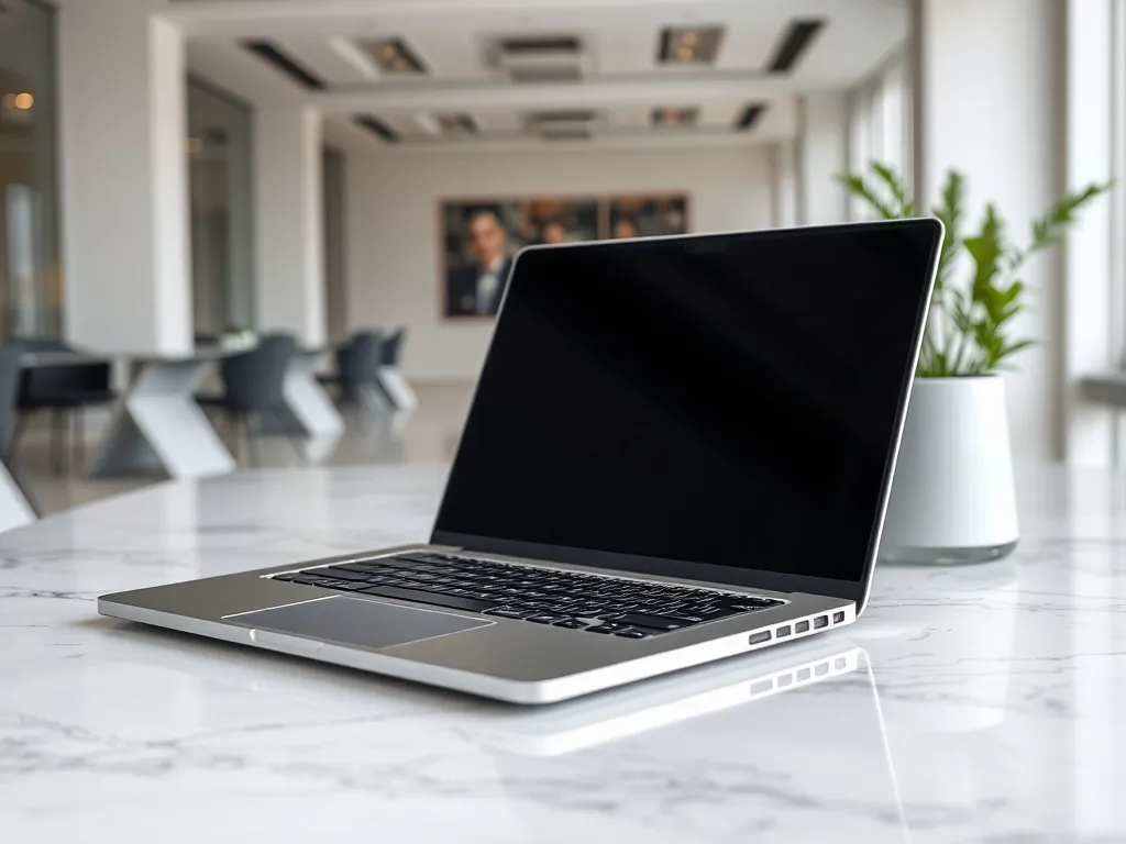 Close up of a professional silver metallic business laptop o