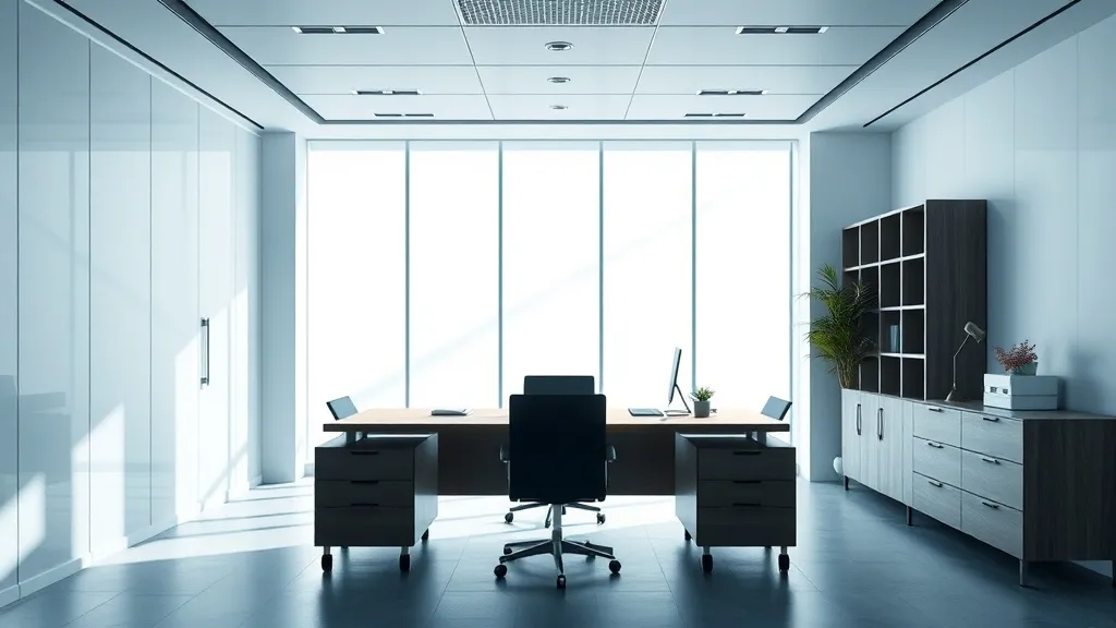 A minimalist modern office interior with clean lines, silver