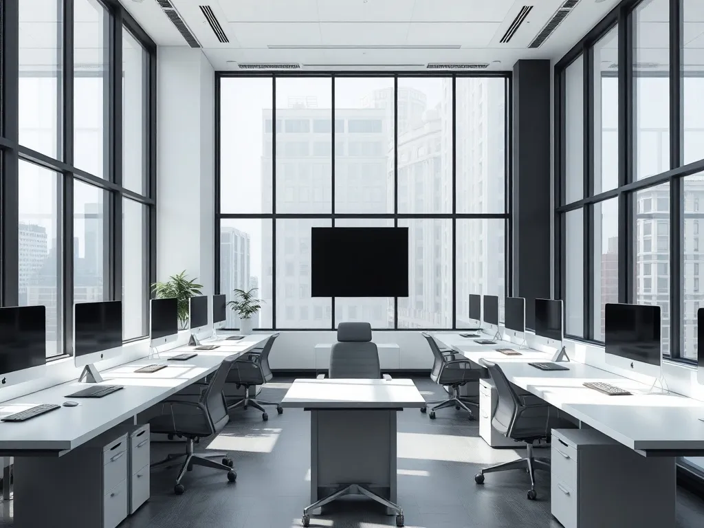 Minimalist modern office interior with large windows and cle