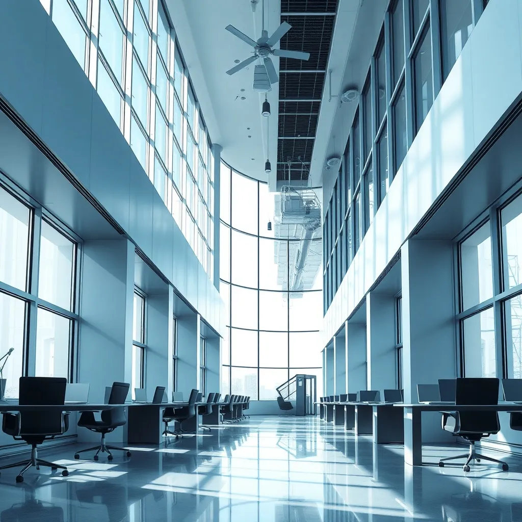 Minimalist architectural office interior with large windows,