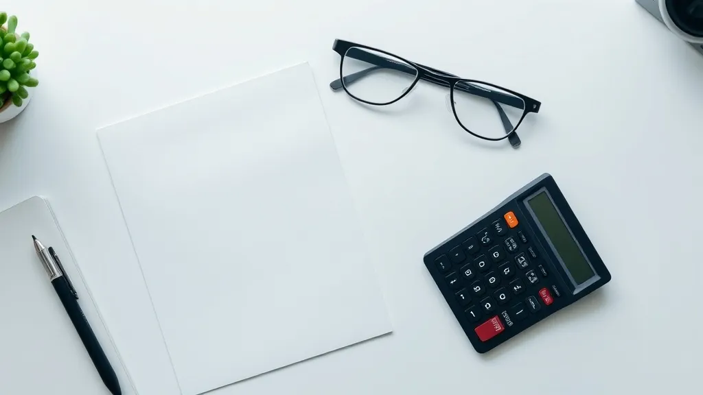Minimalist bright office workspace with a calculator and cle
