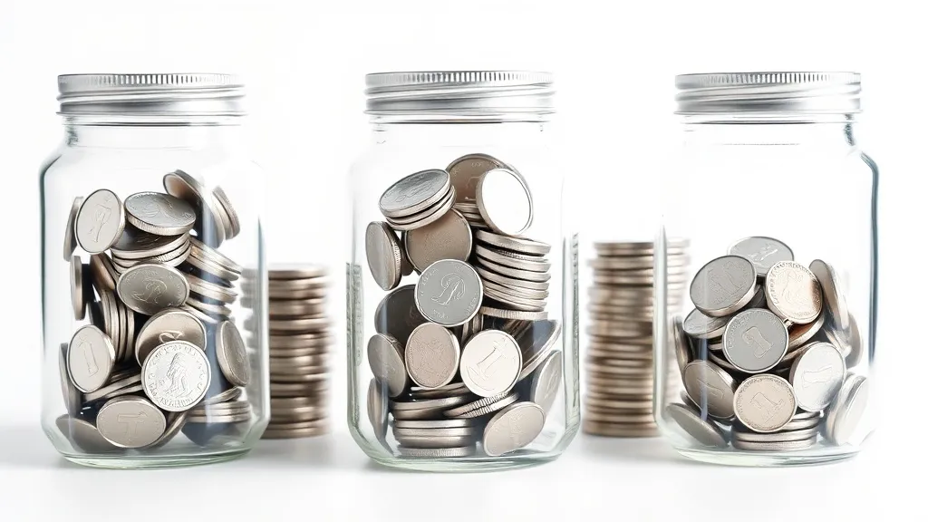 Minimalist glass jars with silver coins inside, clean white